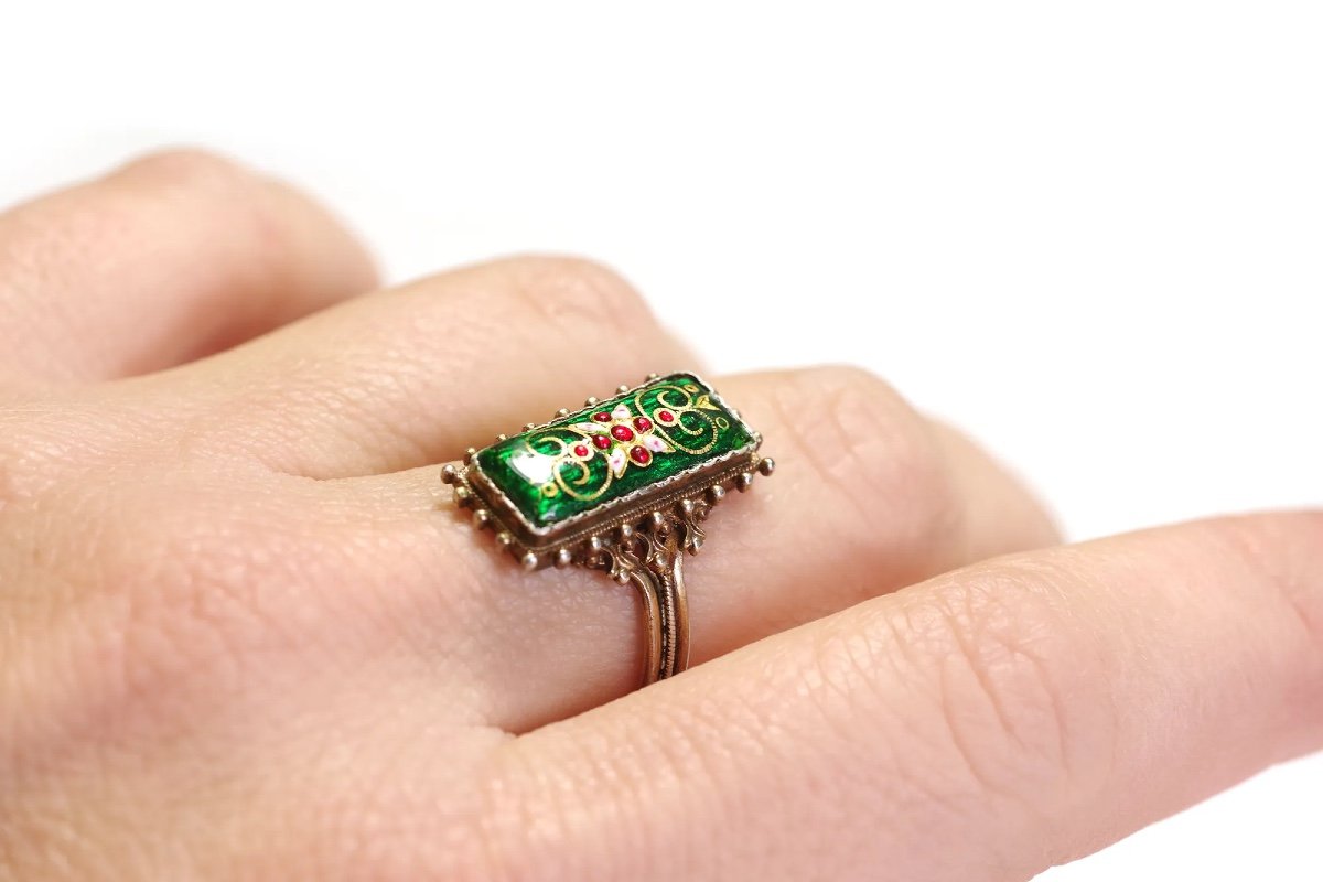 Victorian Bressan Enamel Ring In Gilded Silver, Rectangular Shape Ring, Green Enamel Ring-photo-1