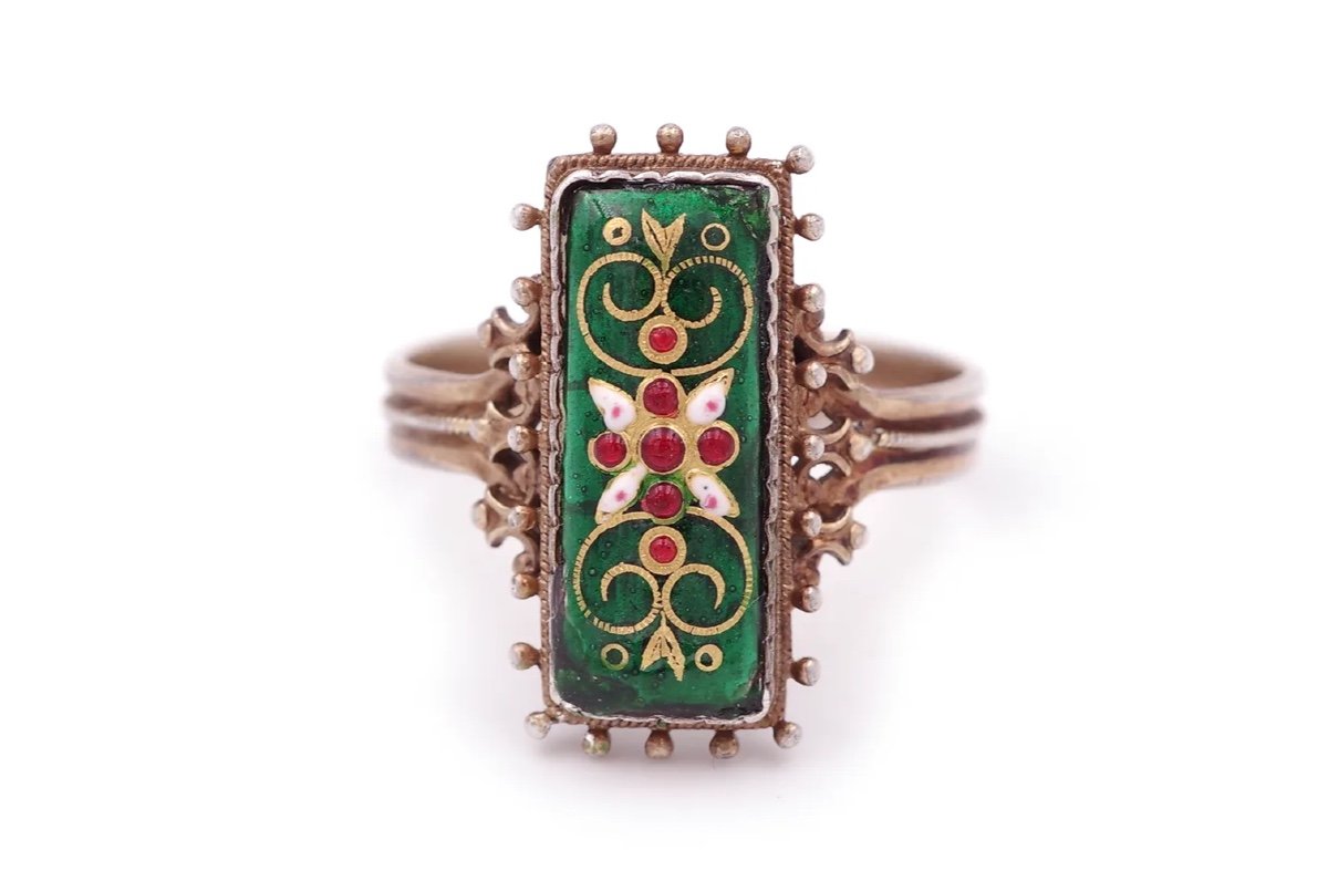 Victorian Bressan Enamel Ring In Gilded Silver, Rectangular Shape Ring, Green Enamel Ring