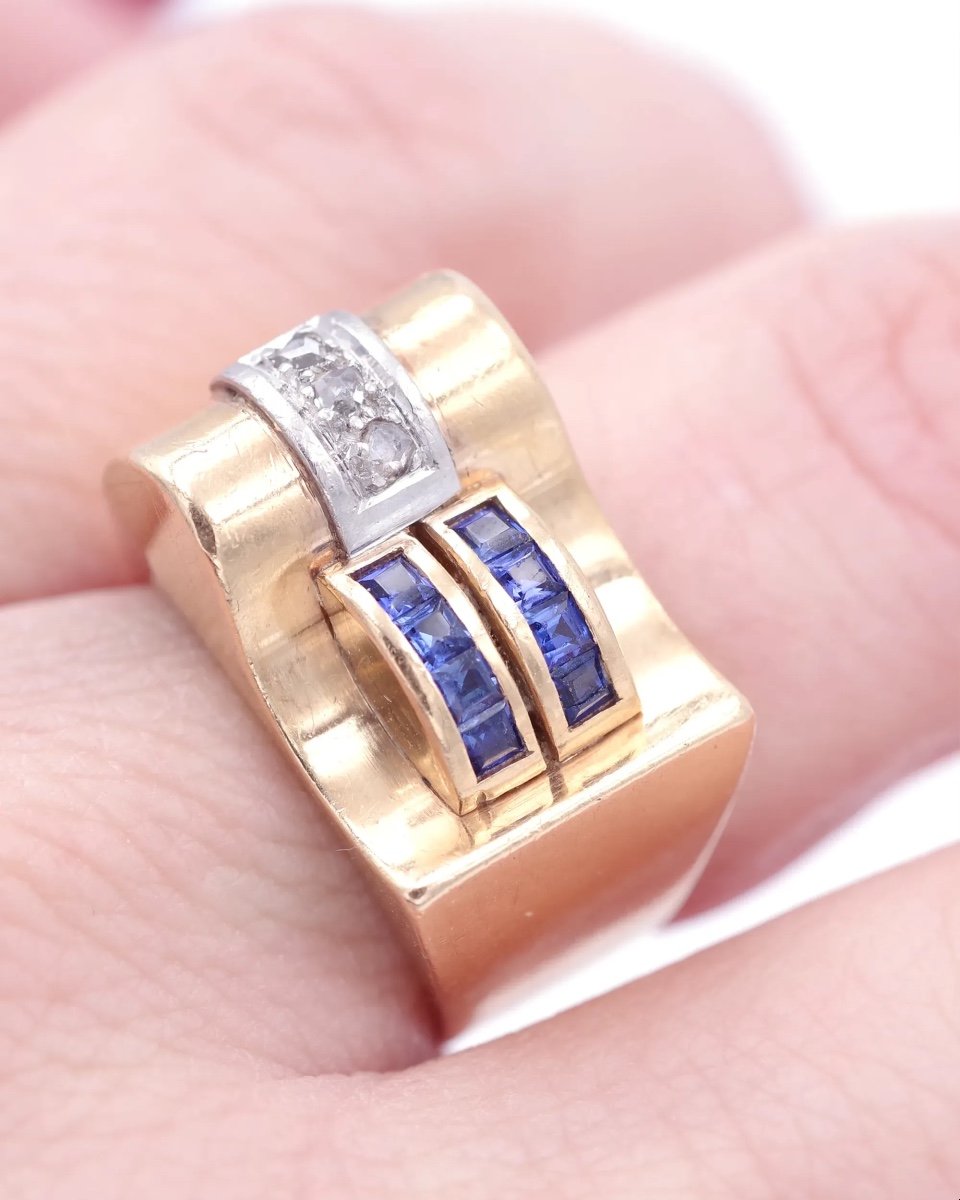 Tank Sapphire Diamond Ring In 18k Gold, Retro Tank Ring, Sapphire, Diamond Ring-photo-3