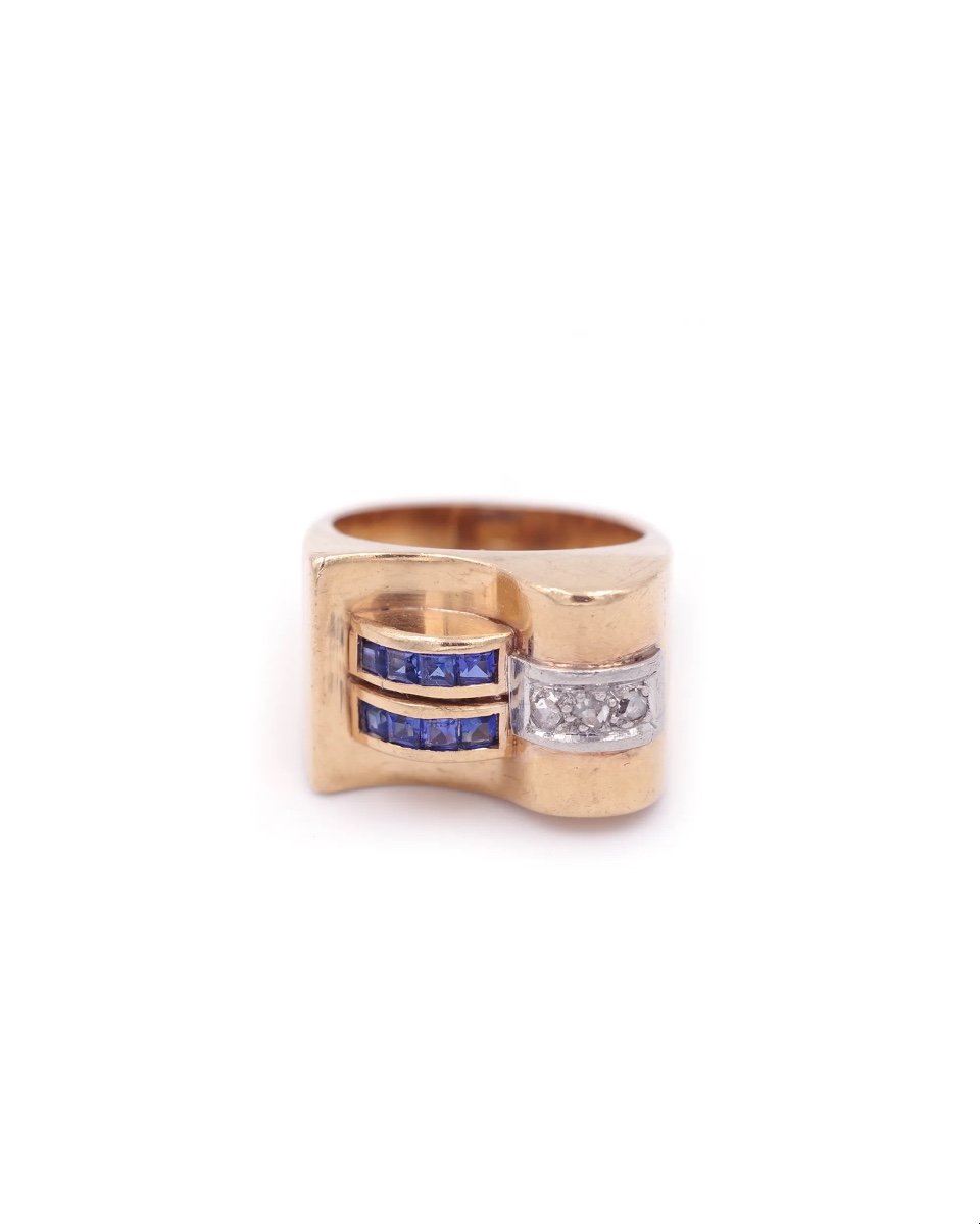 Tank Sapphire Diamond Ring In 18k Gold, Retro Tank Ring, Sapphire, Diamond Ring-photo-1