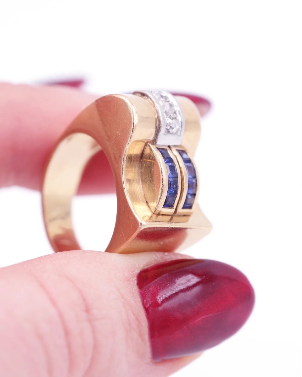 Tank Sapphire Diamond Ring In 18k Gold, Retro Tank Ring, Sapphire, Diamond Ring-photo-2