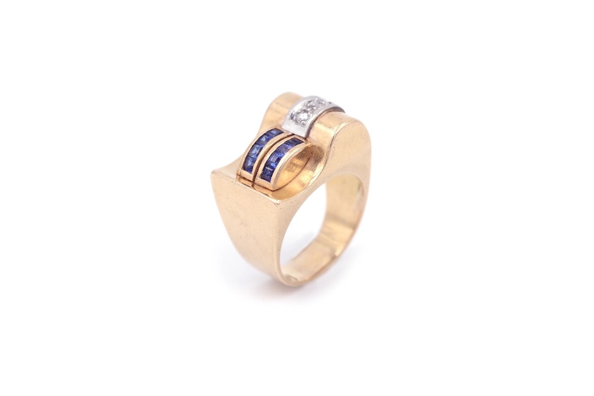 Tank Sapphire Diamond Ring In 18k Gold, Retro Tank Ring, Sapphire, Diamond Ring