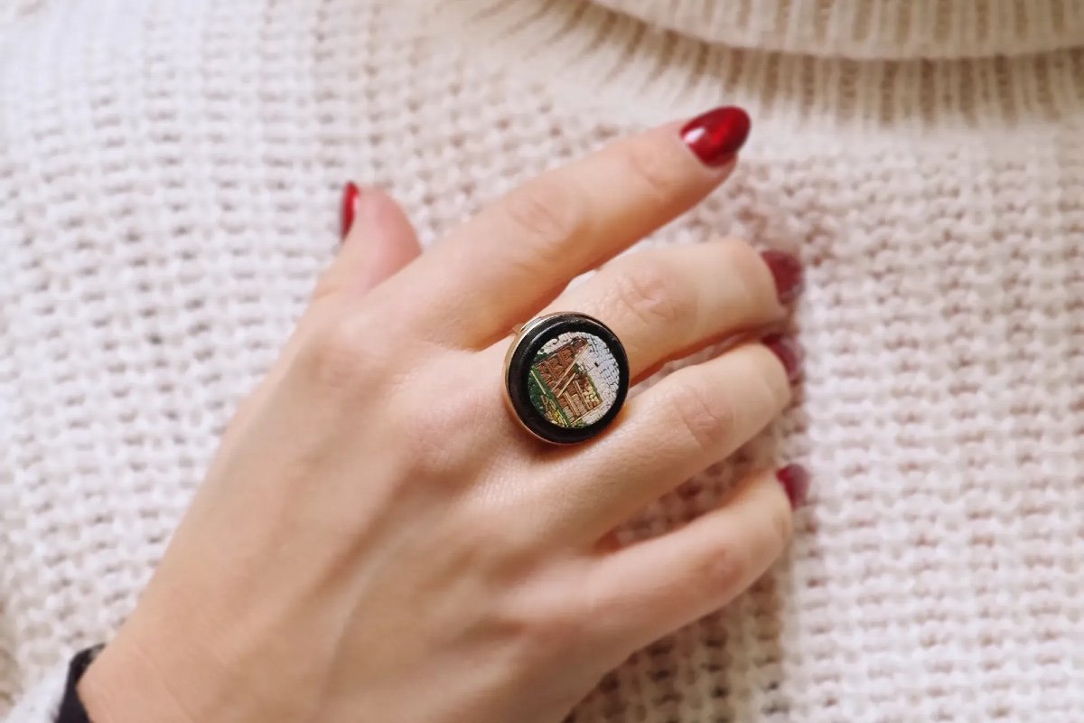 Bague Du Grand Tour Micro-mosaïque En Or 9k, Bague Souvenir, Colisée De Rome, Ruines, Italie-photo-1