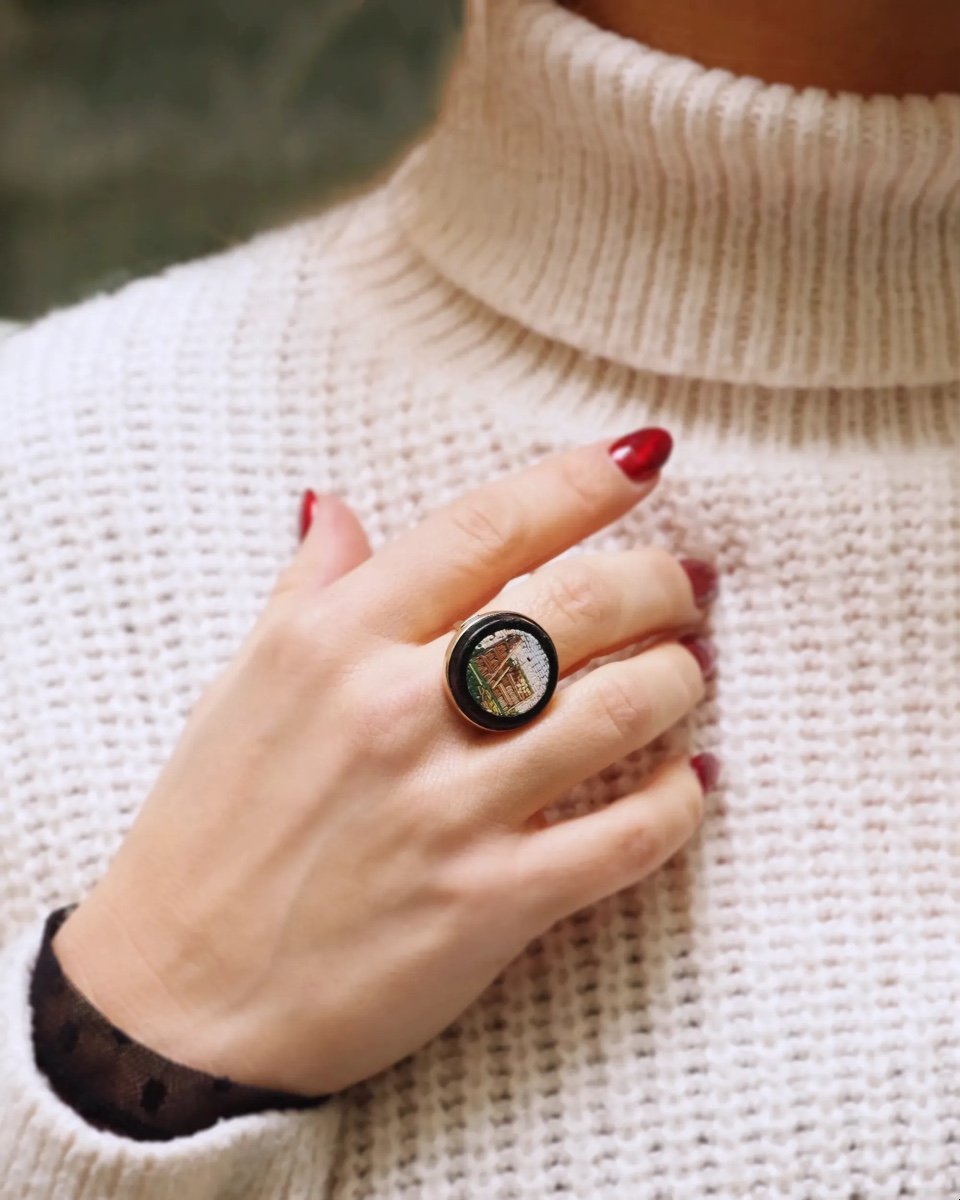 Bague Du Grand Tour Micro-mosaïque En Or 9k, Bague Souvenir, Colisée De Rome, Ruines, Italie-photo-3