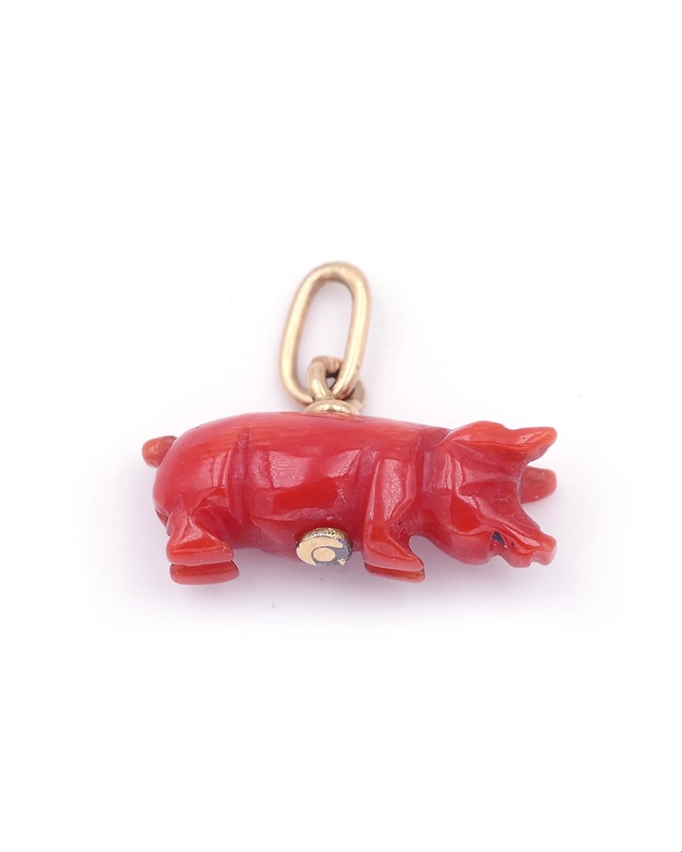 Coral Lucky Pig Pendant In 18 Karat Gold, Lucky Pendant, Coral Pig, Carved Coral Ring-photo-1