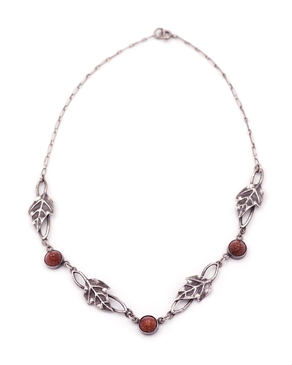 Paul Dumont Art Nouveau Necklace In 800 Silver, Leaves, Sunstone Imitation, Glass-photo-2