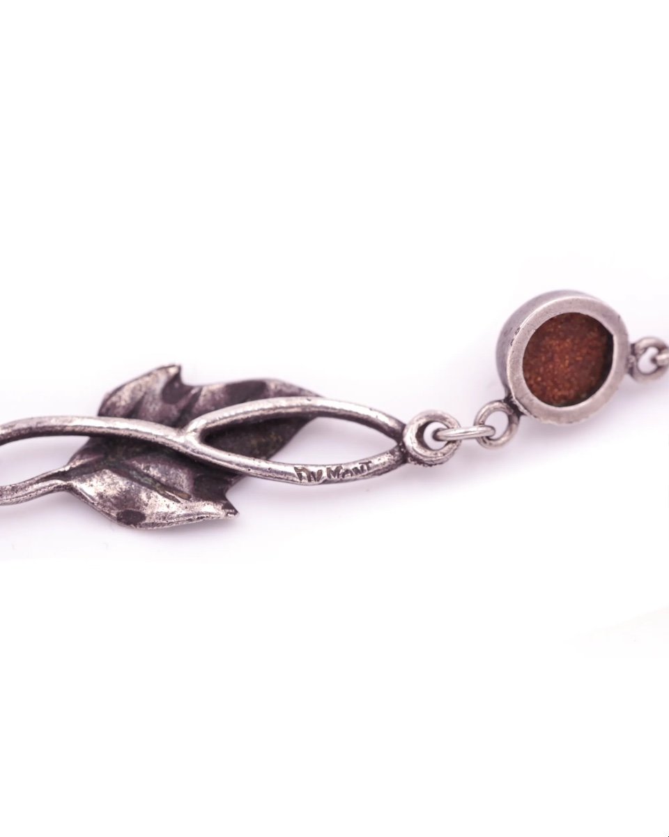 Paul Dumont Art Nouveau Necklace In 800 Silver, Leaves, Sunstone Imitation, Glass-photo-4