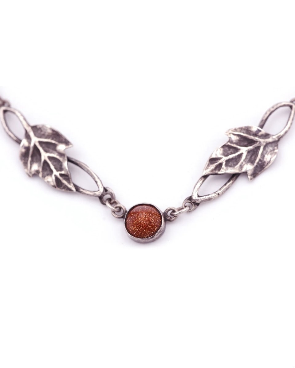 Paul Dumont Art Nouveau Necklace In 800 Silver, Leaves, Sunstone Imitation, Glass-photo-1