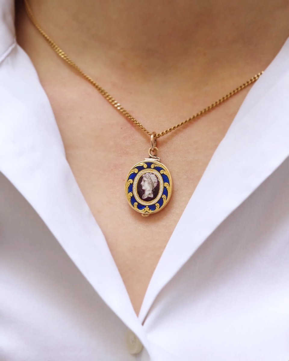 Victorian Emperor Locket Pendant In 14k, Enamel Pendant, Roman Emperor, Gold Locket Pendant-photo-2