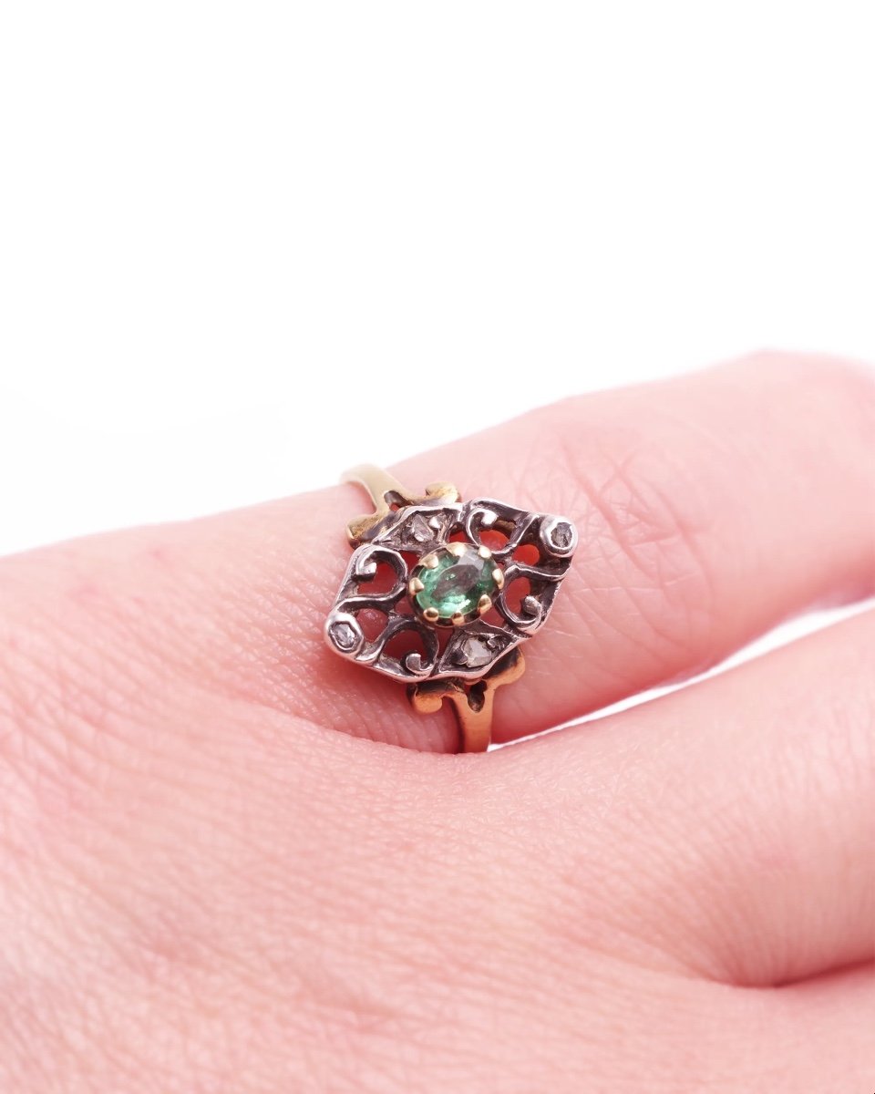 Antique Emerald Ring In 18k Gold And Silver, Diamond, Belle Epoque Ring, Antique Ring-photo-2