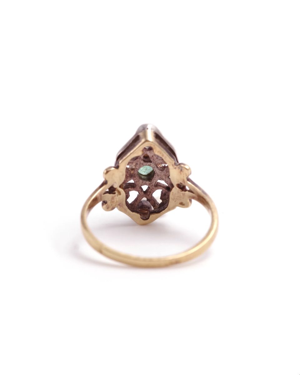 Antique Emerald Ring In 18k Gold And Silver, Diamond, Belle Epoque Ring, Antique Ring-photo-3