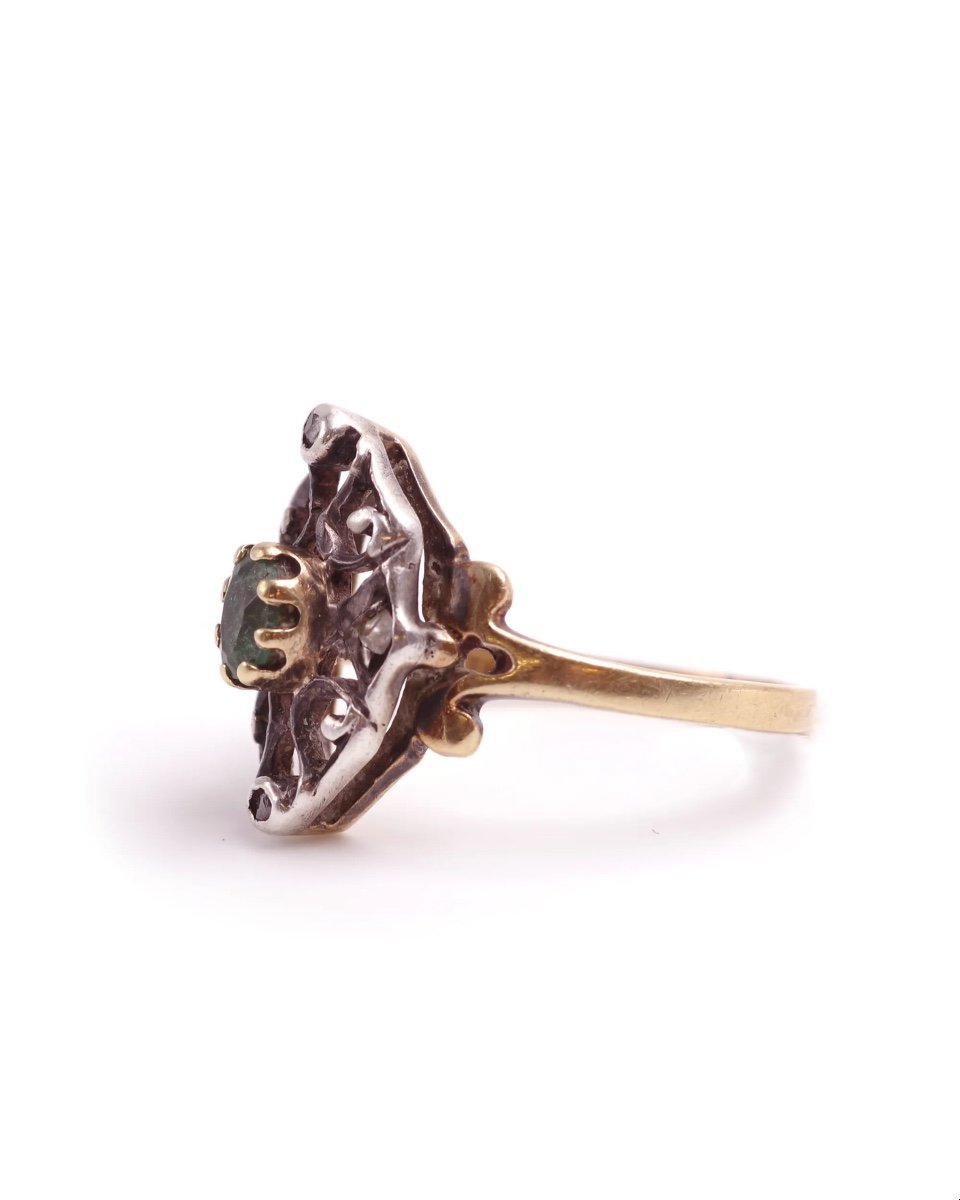 Antique Emerald Ring In 18k Gold And Silver, Diamond, Belle Epoque Ring, Antique Ring-photo-1