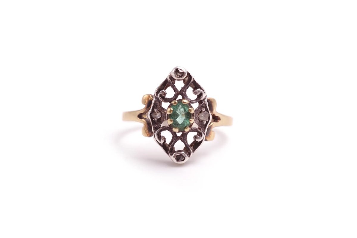 Antique Emerald Ring In 18k Gold And Silver, Diamond, Belle Epoque Ring, Antique Ring