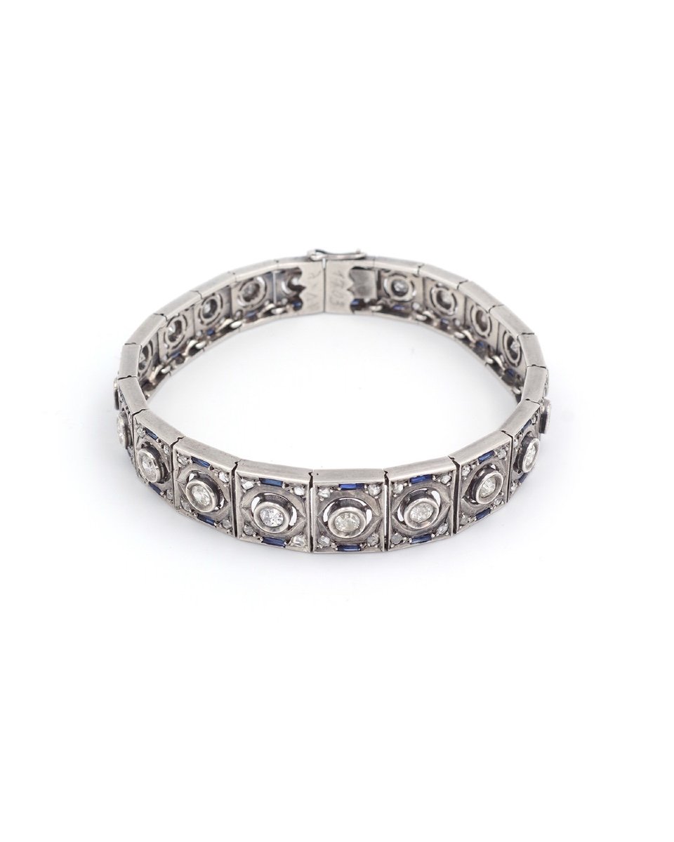 Art Deco Bracelet In Silver With Synthetic Diamonds And Sapphires, Geometric, Antique Jewelry-photo-4