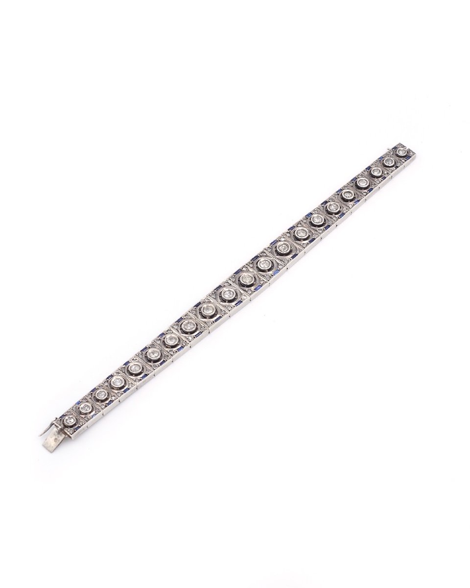 Art Deco Bracelet In Silver With Synthetic Diamonds And Sapphires, Geometric, Antique Jewelry