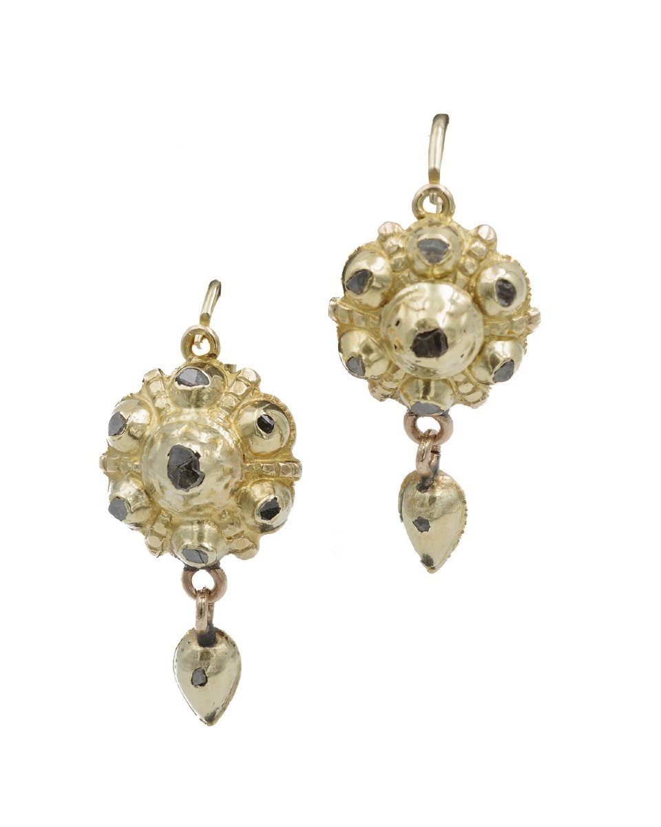 Georgian Iberian Diamond Earrings In 14k Gold, Antique Jewelry, 18th Century, Spain-photo-2