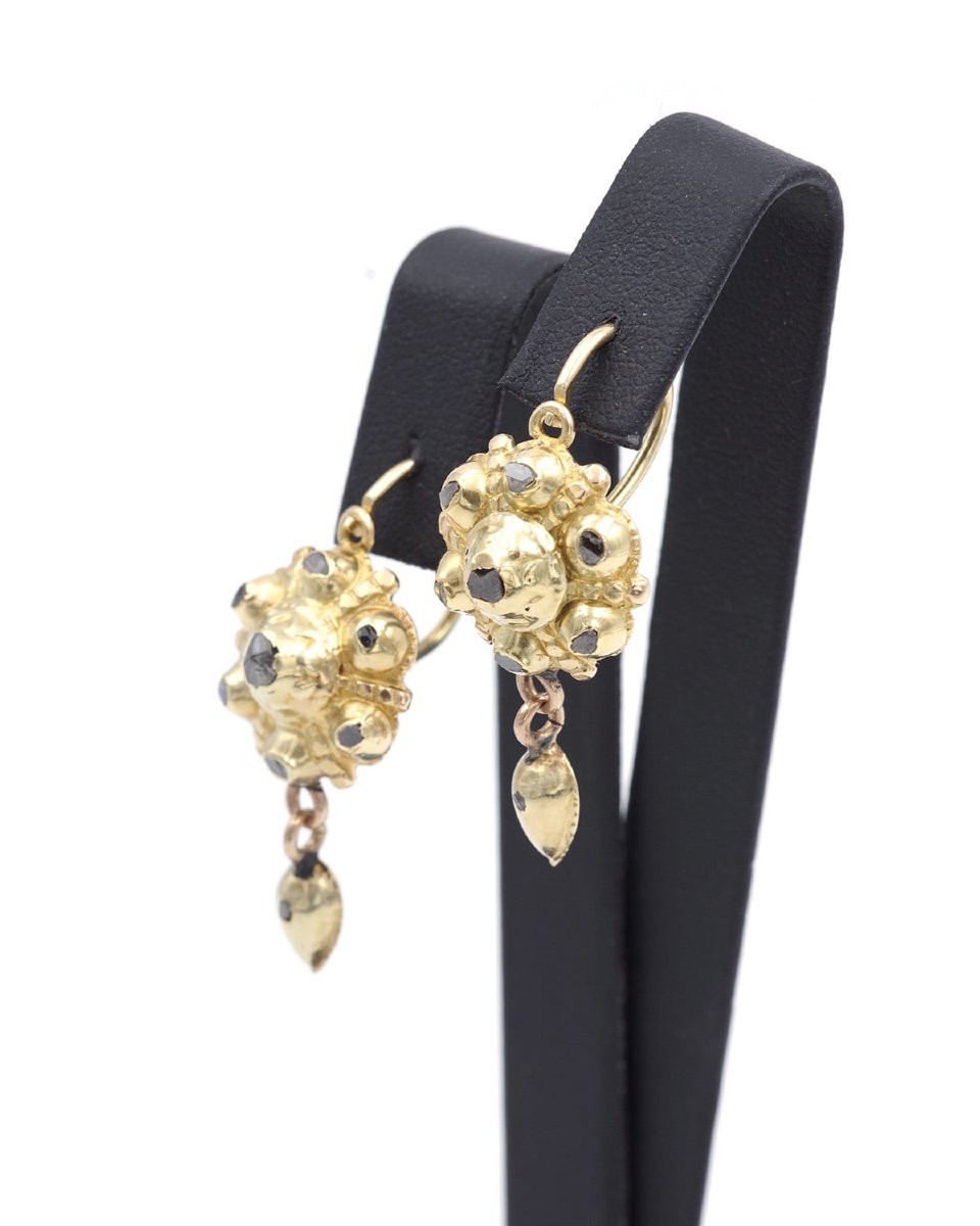 Georgian Iberian Diamond Earrings In 14k Gold, Antique Jewelry, 18th Century, Spain-photo-3