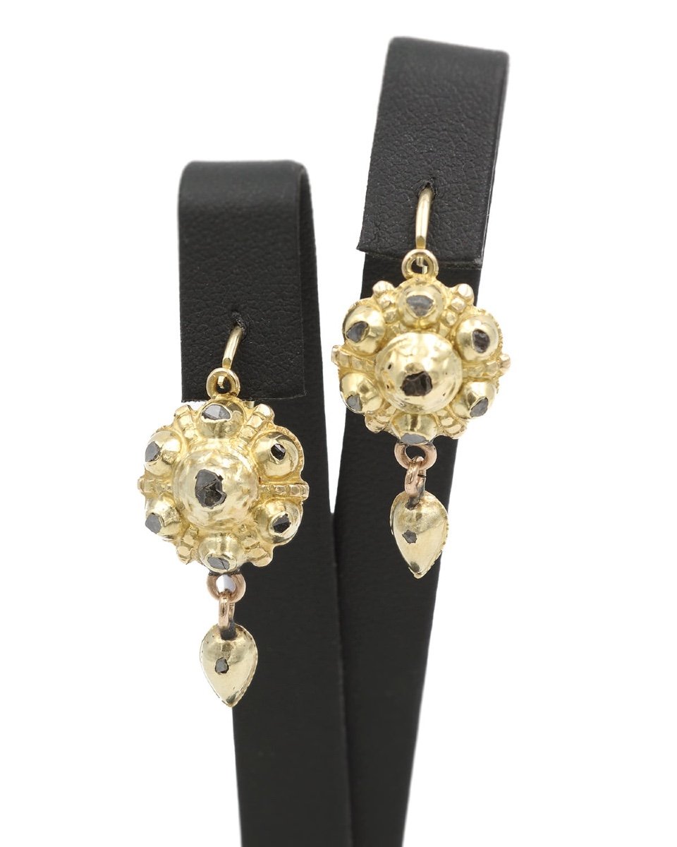 Georgian Iberian Diamond Earrings In 14k Gold, Antique Jewelry, 18th Century, Spain-photo-1