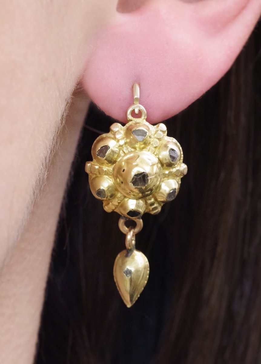 Georgian Iberian Diamond Earrings In 14k Gold, Antique Jewelry, 18th Century, Spain