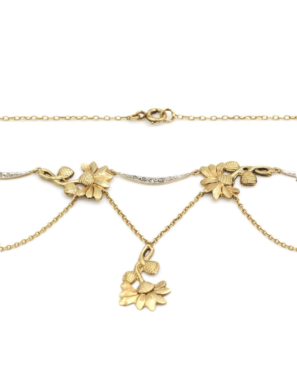 Collier Draperie Art Nouveau Fleurs En Or 18k Et Platine, Collier Marguerite, Bijou Ancien-photo-3