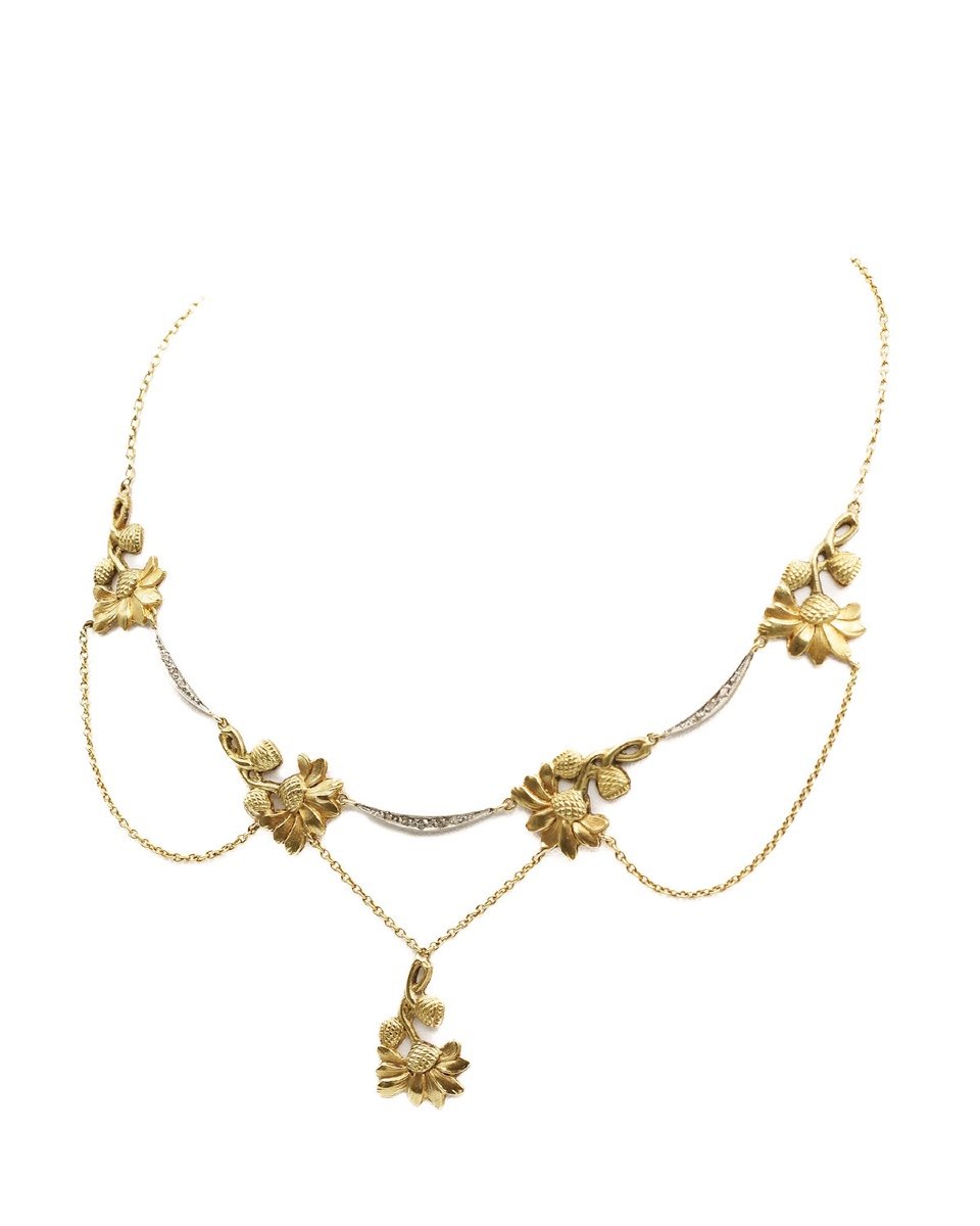 Collier Draperie Art Nouveau Fleurs En Or 18k Et Platine, Collier Marguerite, Bijou Ancien-photo-4