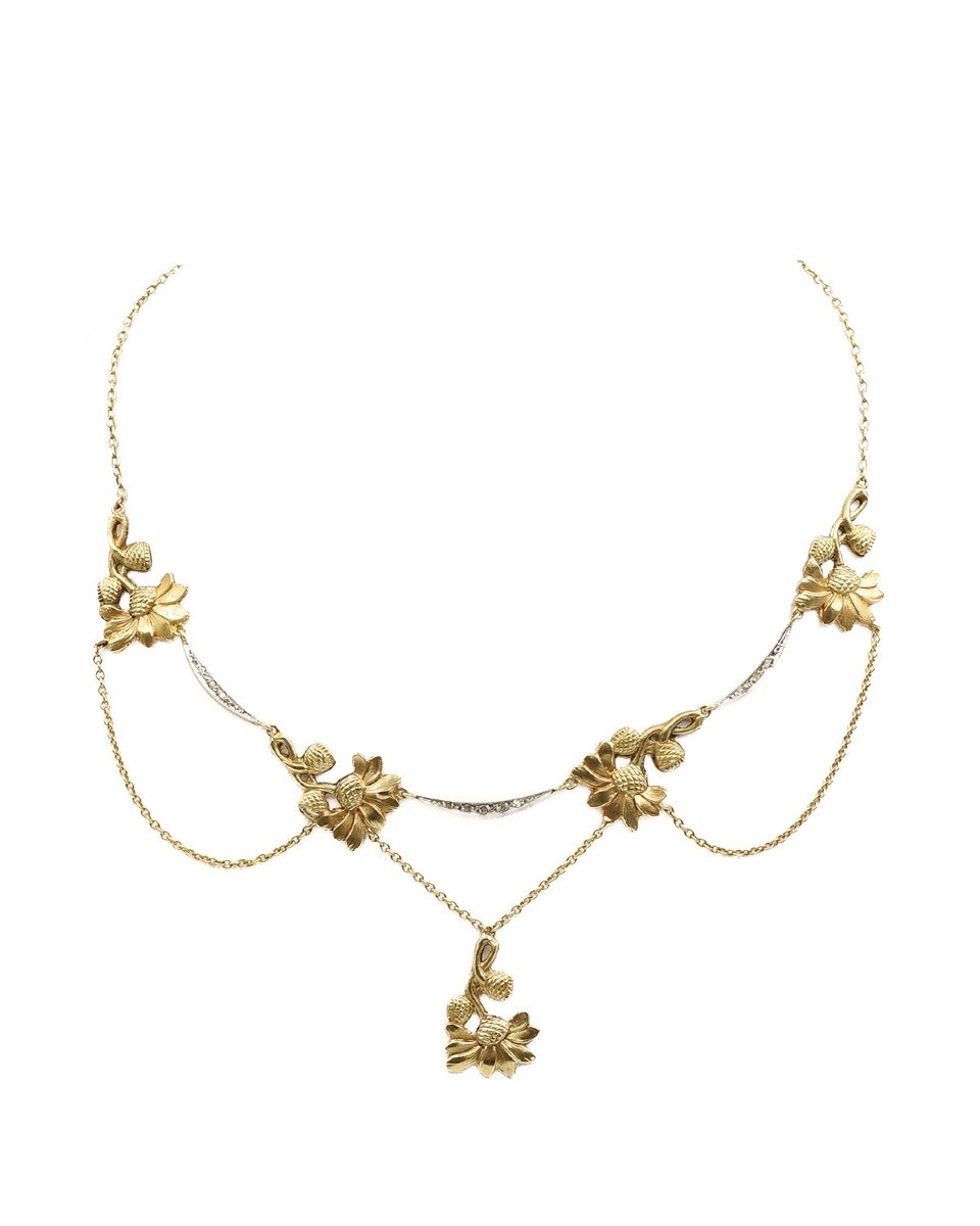 Collier Draperie Art Nouveau Fleurs En Or 18k Et Platine, Collier Marguerite, Bijou Ancien