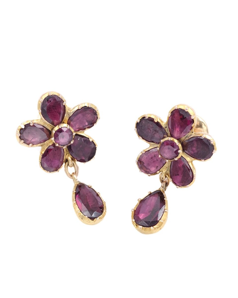 Boucles d'Oreille Grenats En Or 9 Karats, Fleur, Grenats Plats, Bijou Anglais-photo-2