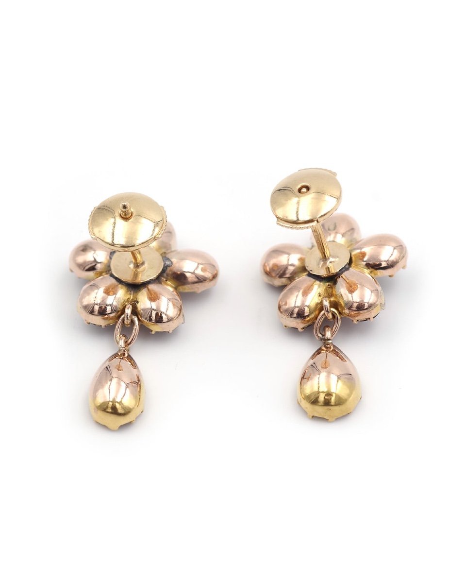 Boucles d'Oreille Grenats En Or 9 Karats, Fleur, Grenats Plats, Bijou Anglais-photo-4