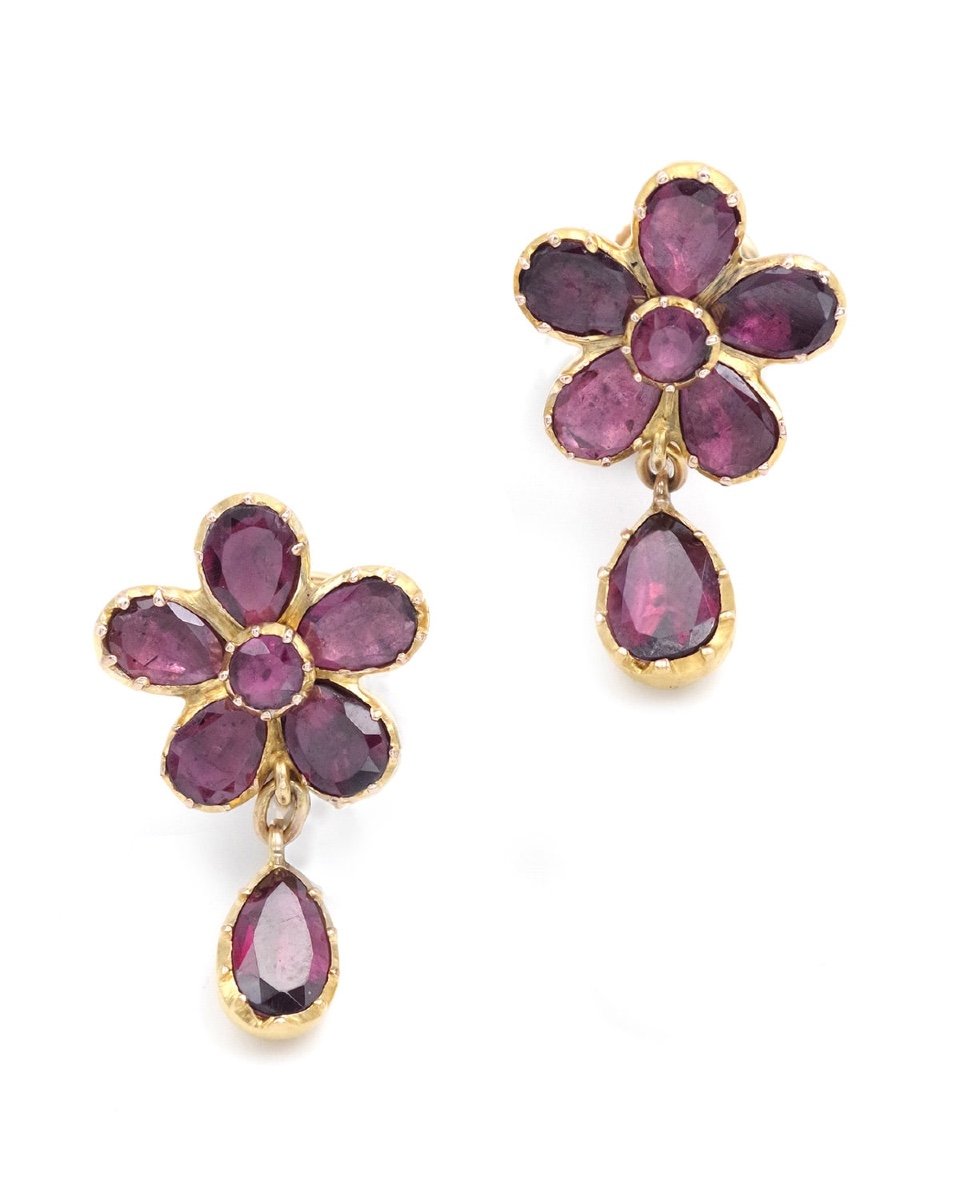 Boucles d'Oreille Grenats En Or 9 Karats, Fleur, Grenats Plats, Bijou Anglais