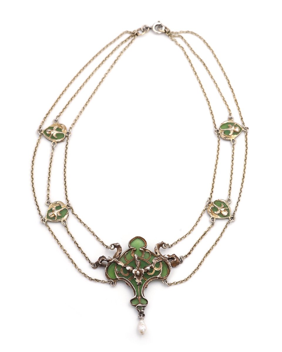 Collier Art Nouveau Janvier Quercia En Argent, émail Plique A Jour, Perle, Fleurs-photo-2