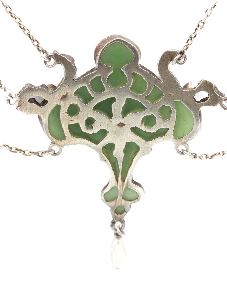 Collier Art Nouveau Janvier Quercia En Argent, émail Plique A Jour, Perle, Fleurs-photo-3