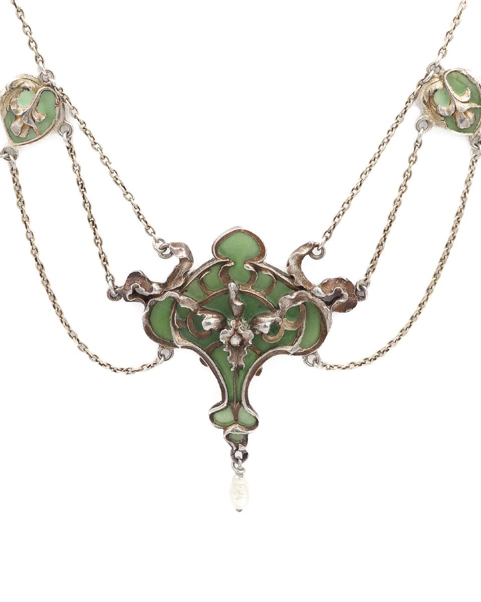 Collier Art Nouveau Janvier Quercia En Argent, émail Plique A Jour, Perle, Fleurs-photo-4