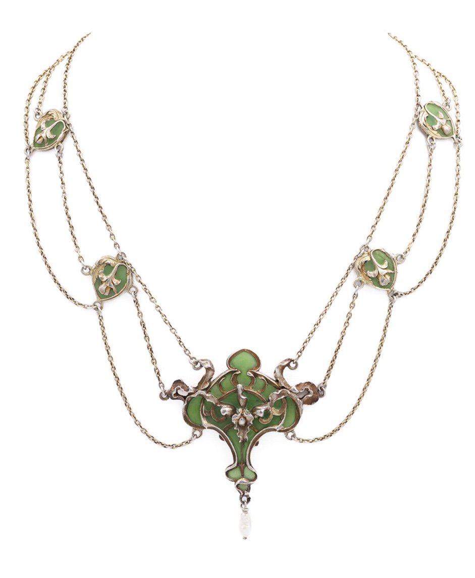 Collier Art Nouveau Janvier Quercia En Argent, émail Plique A Jour, Perle, Fleurs