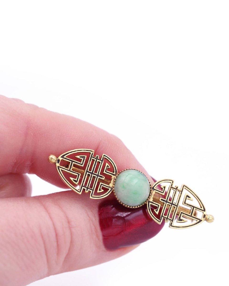 Broche Jade Art Deco En Or 18 Karats, Bijou Art Deco, Joseph Auricoste, Cabochon-photo-2