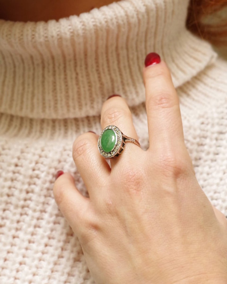 Bague Jade Diamants En Or Blanc 18k, Bague Vintage, Bijou d'Occasion, Taille Brillant -photo-2