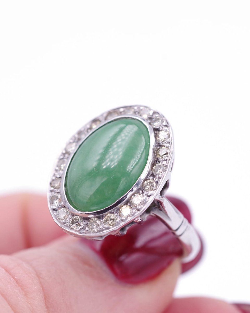 Bague Jade Diamants En Or Blanc 18k, Bague Vintage, Bijou d'Occasion, Taille Brillant -photo-3