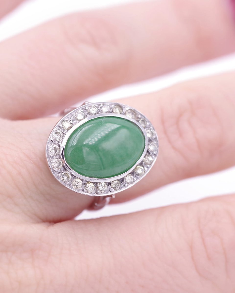 Bague Jade Diamants En Or Blanc 18k, Bague Vintage, Bijou d'Occasion, Taille Brillant -photo-4