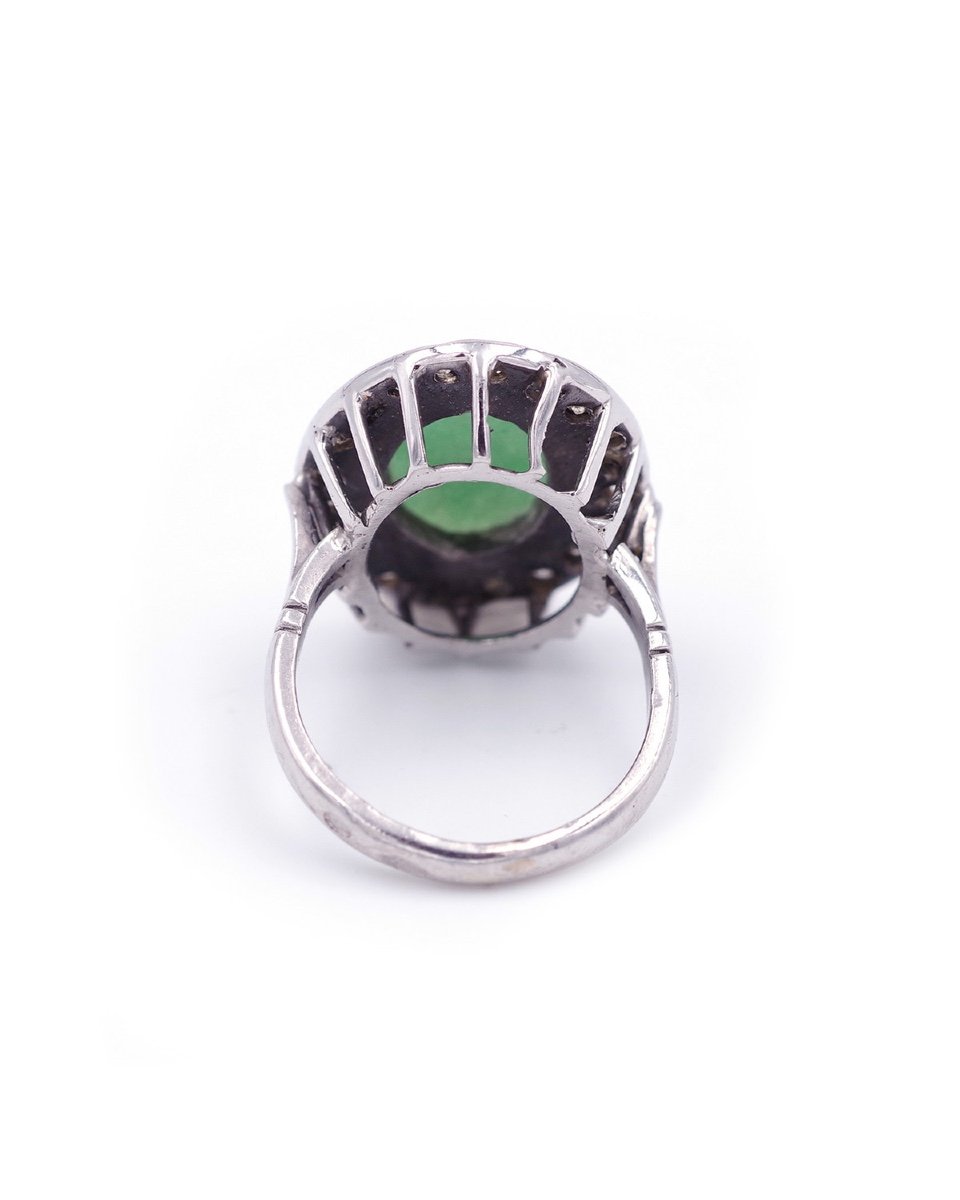 Bague Jade Diamants En Or Blanc 18k, Bague Vintage, Bijou d'Occasion, Taille Brillant -photo-1