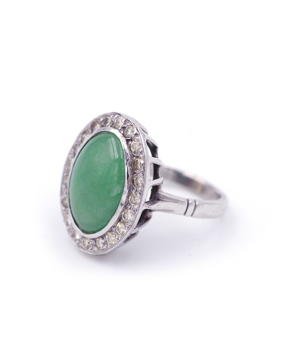 Bague Jade Diamants En Or Blanc 18k, Bague Vintage, Bijou d'Occasion, Taille Brillant -photo-2