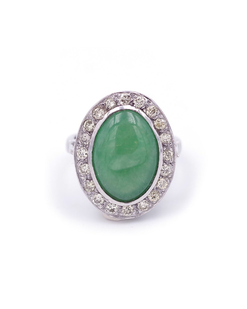 Bague Jade Diamants En Or Blanc 18k, Bague Vintage, Bijou d'Occasion, Taille Brillant 