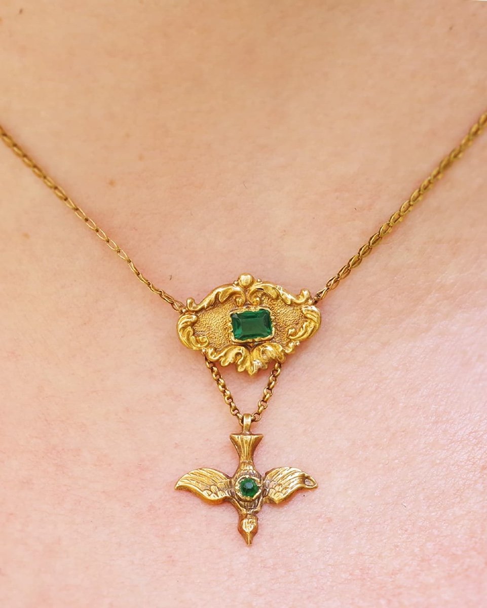 Collier Saint-esprit Ancien En Or 18k, Pendentif St Esprit, Oiseaux, Pierres Vertes-photo-2