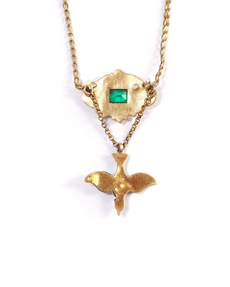 Victorian Holy Spirit Pendant In 18k Gold, Holy Spirit Pendant, Birds, Green Stones-photo-3