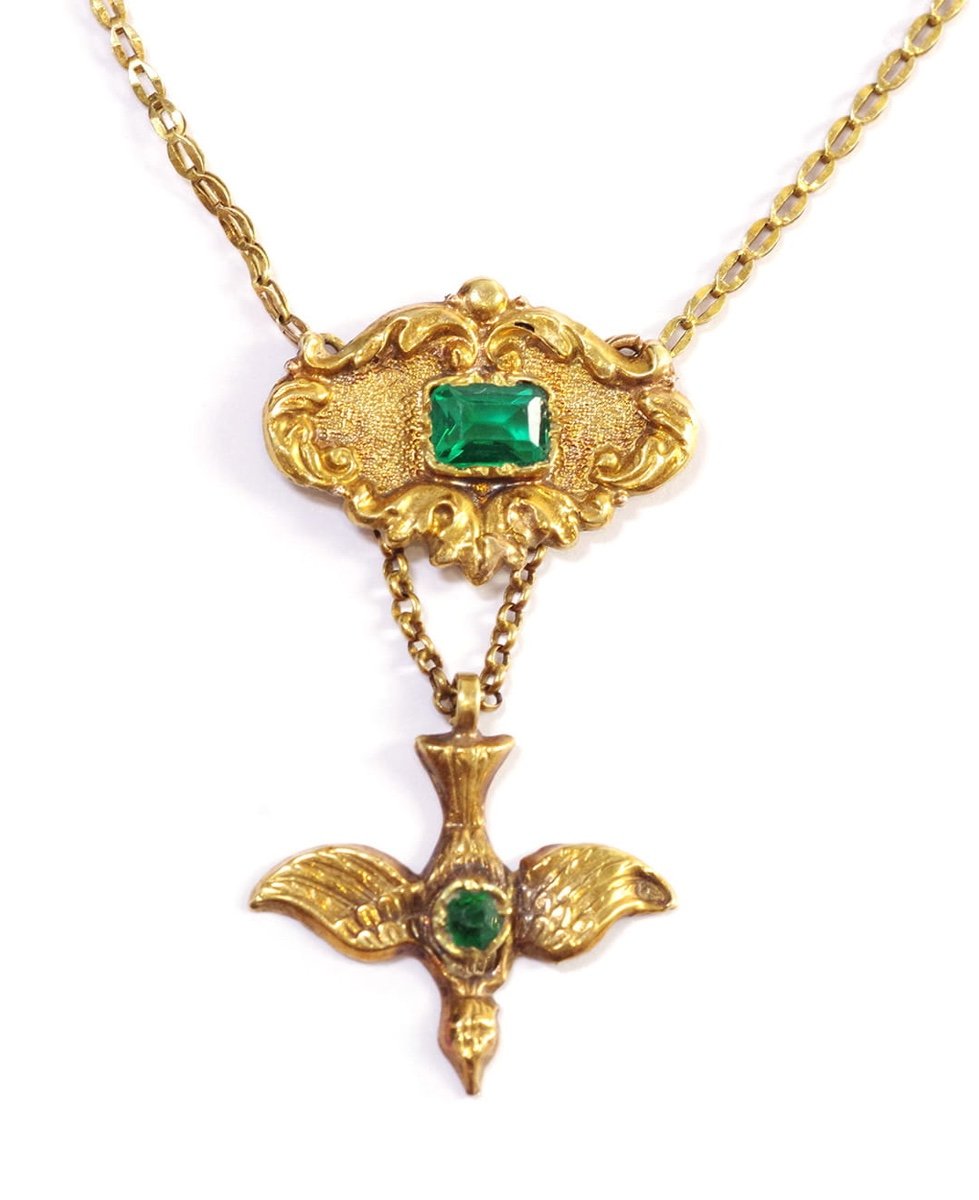 Victorian Holy Spirit Pendant In 18k Gold, Holy Spirit Pendant, Birds, Green Stones