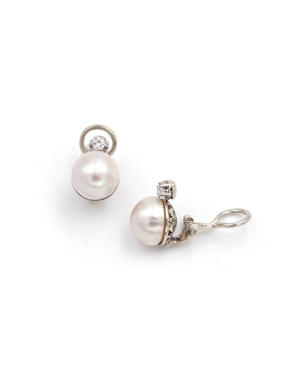 Clips d'Oreille Perles Mabe En Or Blanc 18k, Perle De Culture, Diamant Taille Brillant