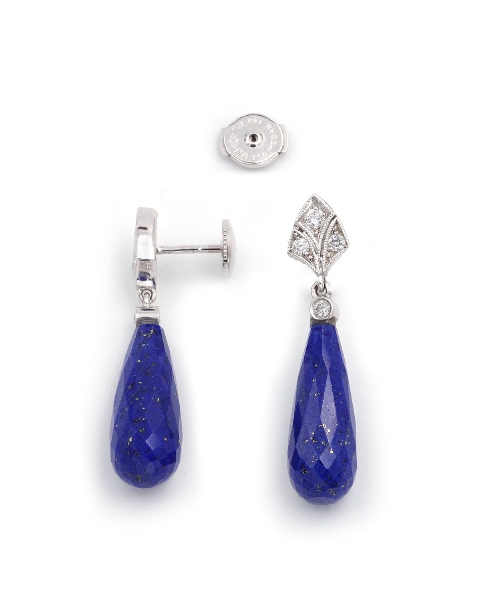 Boucles d'Oreille Lapis Lazuli En Or Blanc 18 Karats, De Style Art Deco, Diamants-photo-2