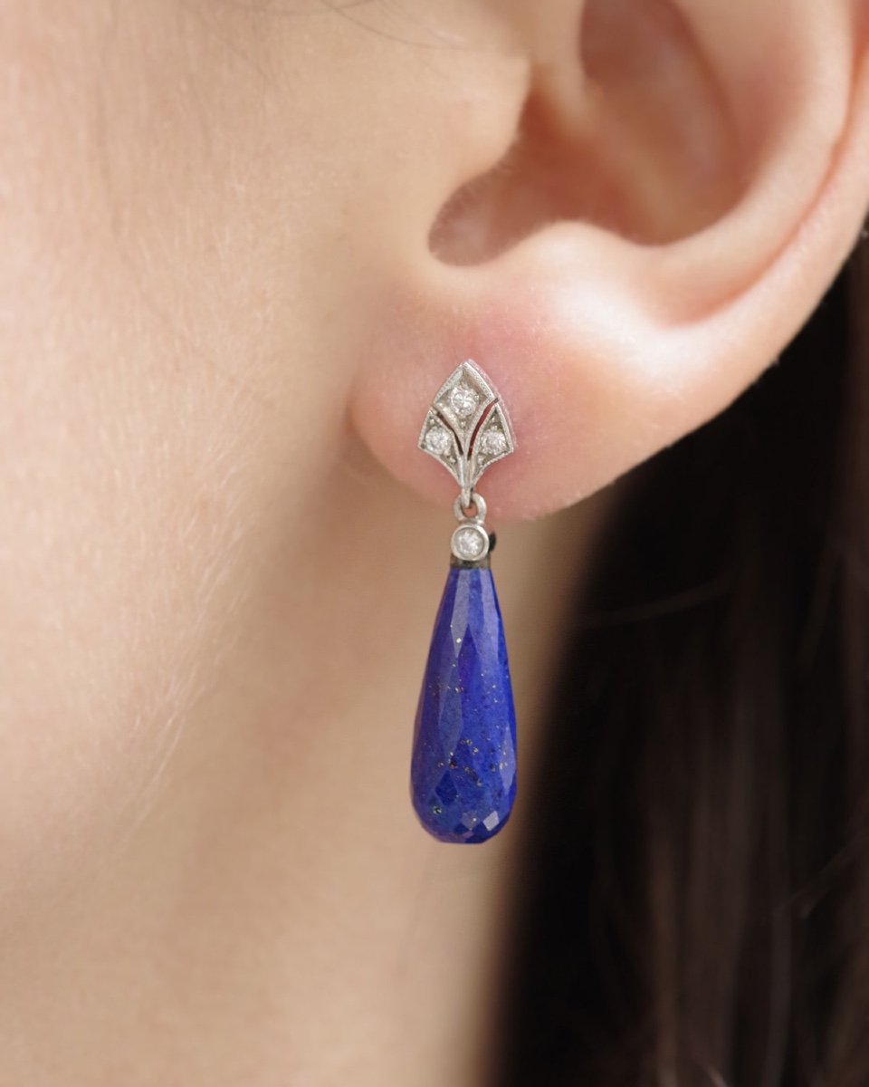 Boucles d'Oreille Lapis Lazuli En Or Blanc 18 Karats, De Style Art Deco, Diamants-photo-3