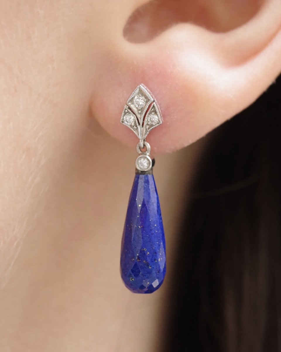 Lapis Lazuli Drop Earrings In 18 Karat White Gold, Art Deco Style, Diamonds-photo-4