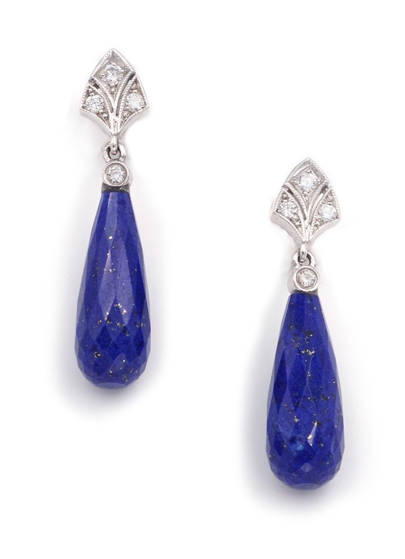 Boucles d'Oreille Lapis Lazuli En Or Blanc 18 Karats, De Style Art Deco, Diamants