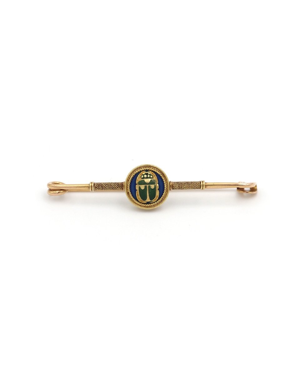 Louis Zorra Scarab Brooch In 18k Gold, Art Nouveau Brooch, Egyptomania, Enamel -photo-3