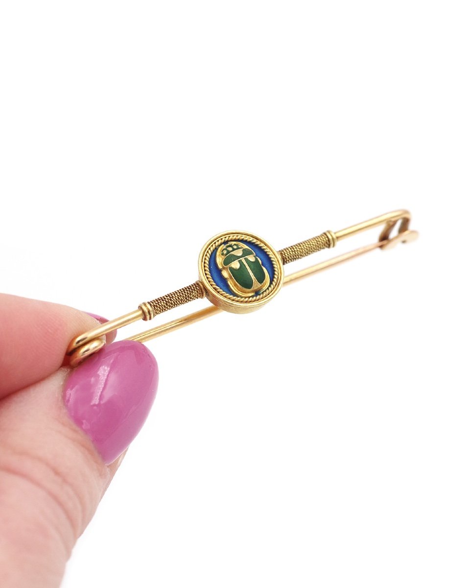 Louis Zorra Scarab Brooch In 18k Gold, Art Nouveau Brooch, Egyptomania, Enamel 